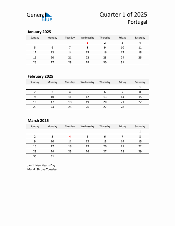 2025 Q1 Three-Month Calendar for Portugal