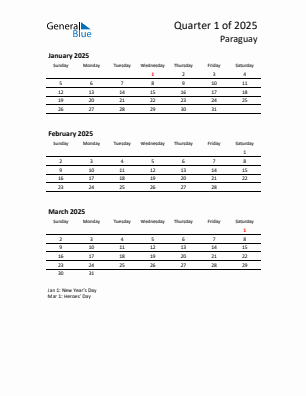 Paraguay Quarter 1  2025 calendar template