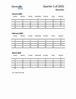 Reunion Quarter 1  2025 calendar template