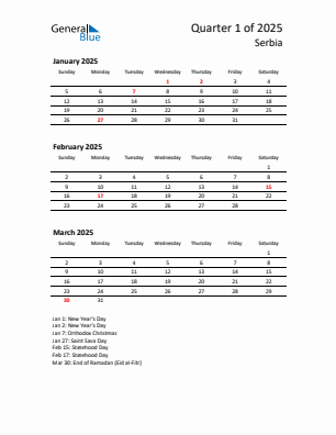 Serbia Quarter 1  2025 calendar template