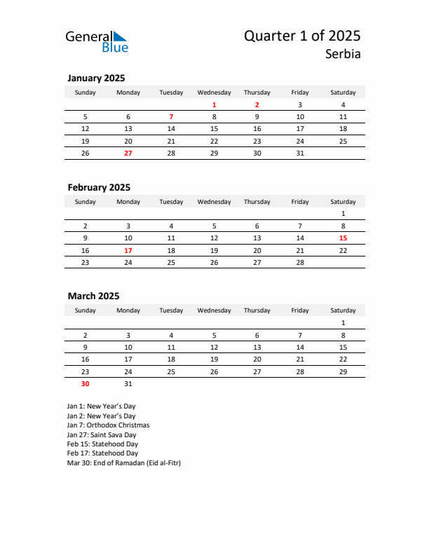 2025 Q1 Three-Month Calendar for Serbia