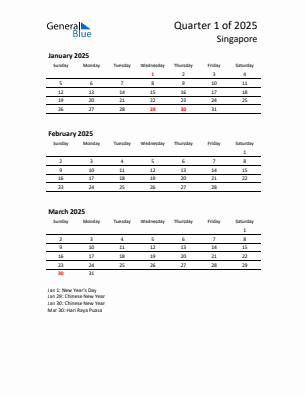 Singapore Quarter 1  2025 calendar template