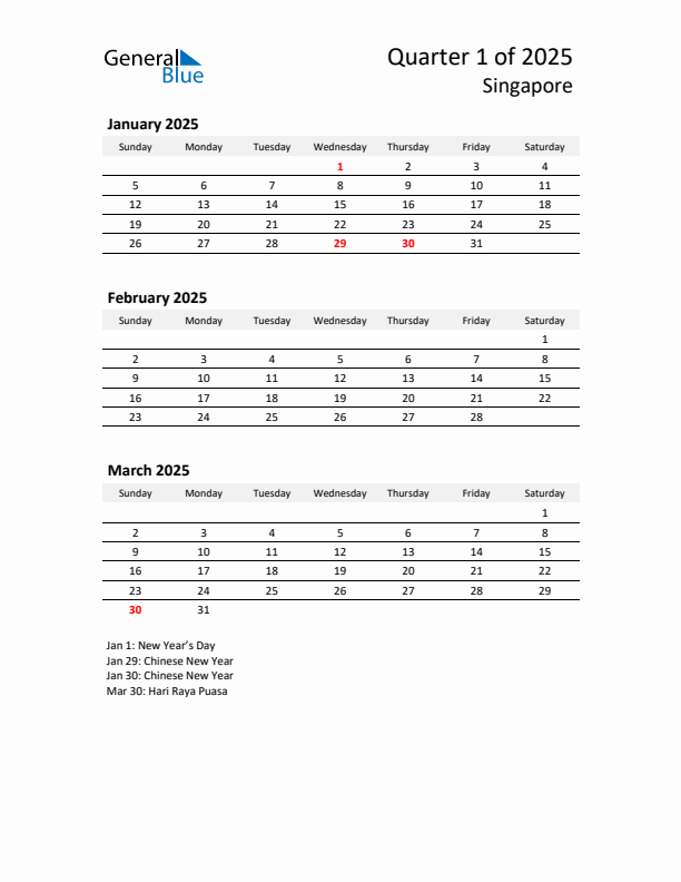 2025 Q1 Three-Month Calendar for Singapore