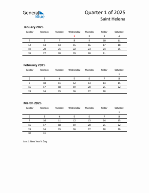 Saint Helena Quarter 1  2025 calendar template