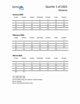 Slovenia Quarter 1  2025 calendar template