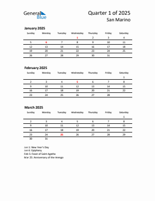 San Marino Quarter 1  2025 calendar template