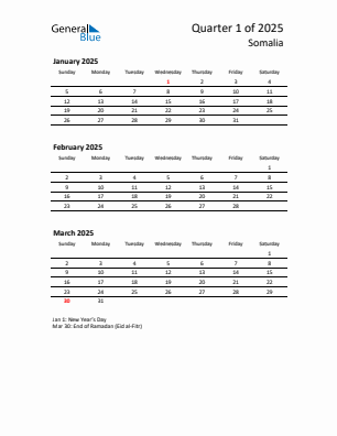 Somalia Quarter 1  2025 calendar template