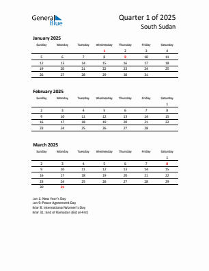 South Sudan Quarter 1  2025 calendar template