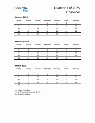 El Salvador Quarter 1  2025 calendar template