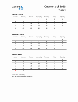 Turkey Quarter 1  2025 calendar template