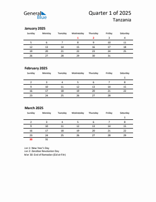 Tanzania Quarter 1  2025 calendar template