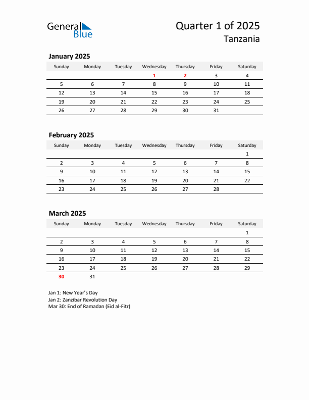 2025 Q1 Three-Month Calendar for Tanzania