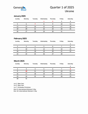 Ukraine Quarter 1  2025 calendar template