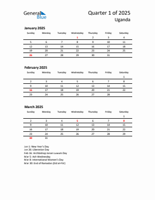 Uganda Quarter 1  2025 calendar template