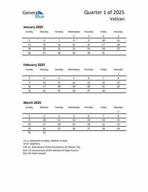 Vatican Quarter 1  2025 calendar template