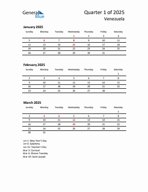 Venezuela Quarter 1  2025 calendar template