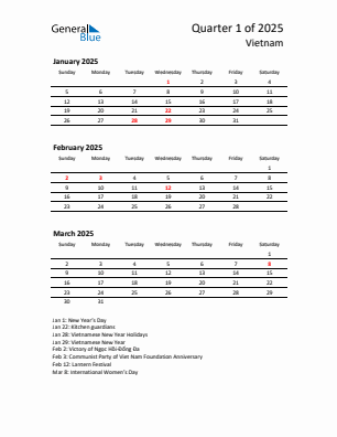 Vietnam Quarter 1  2025 calendar template