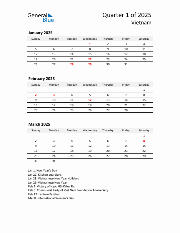 2025 Q1 Three-Month Calendar for Vietnam