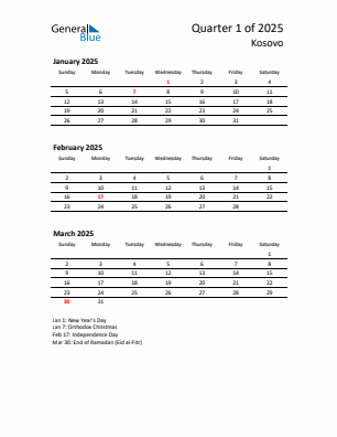 Kosovo Quarter 1  2025 calendar template