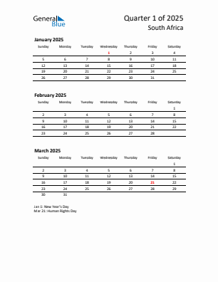 South Africa Quarter 1  2025 calendar template