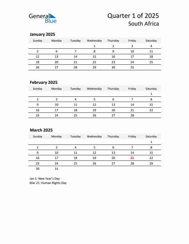 2025 Q1 Three-Month Calendar for South Africa