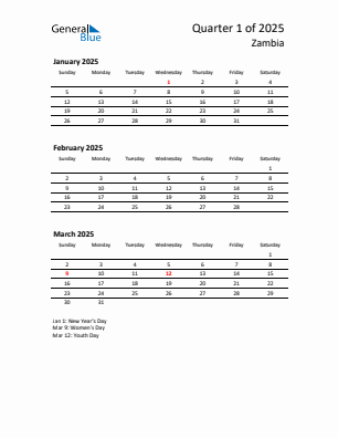 Zambia Quarter 1  2025 calendar template