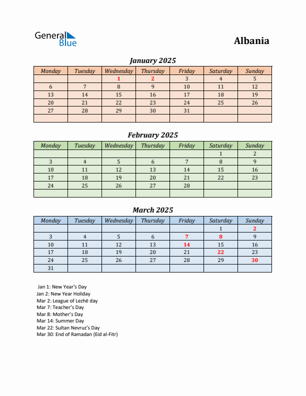 Q1 2025 Holiday Calendar - Albania