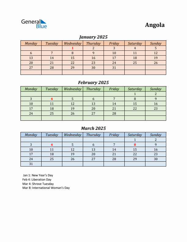 Q1 2025 Holiday Calendar - Angola