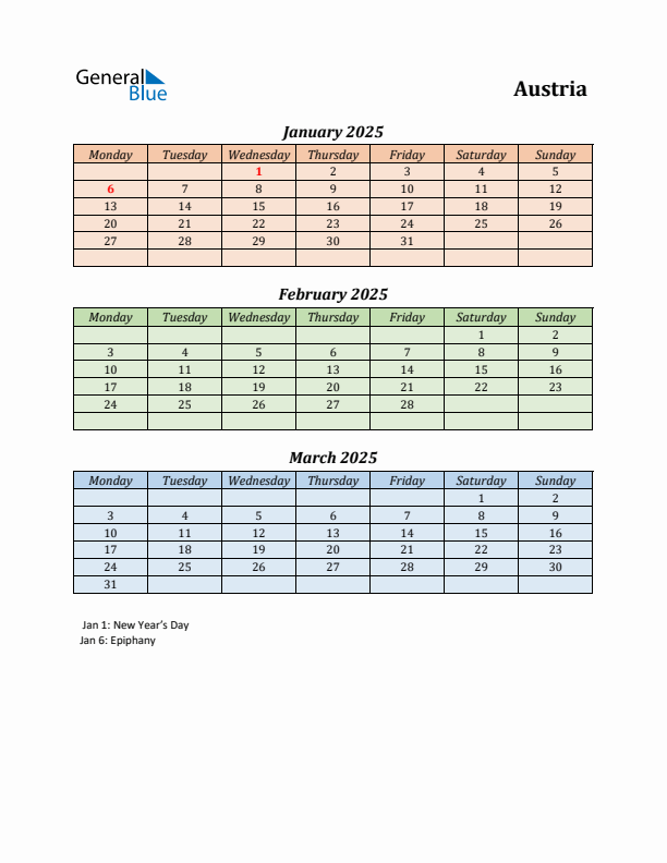 Q1 2025 Holiday Calendar - Austria