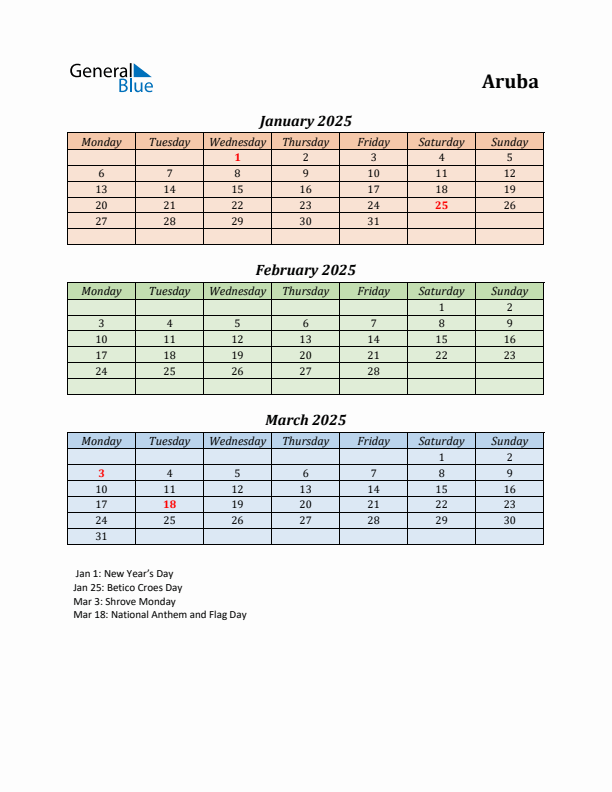 Q1 2025 Holiday Calendar - Aruba