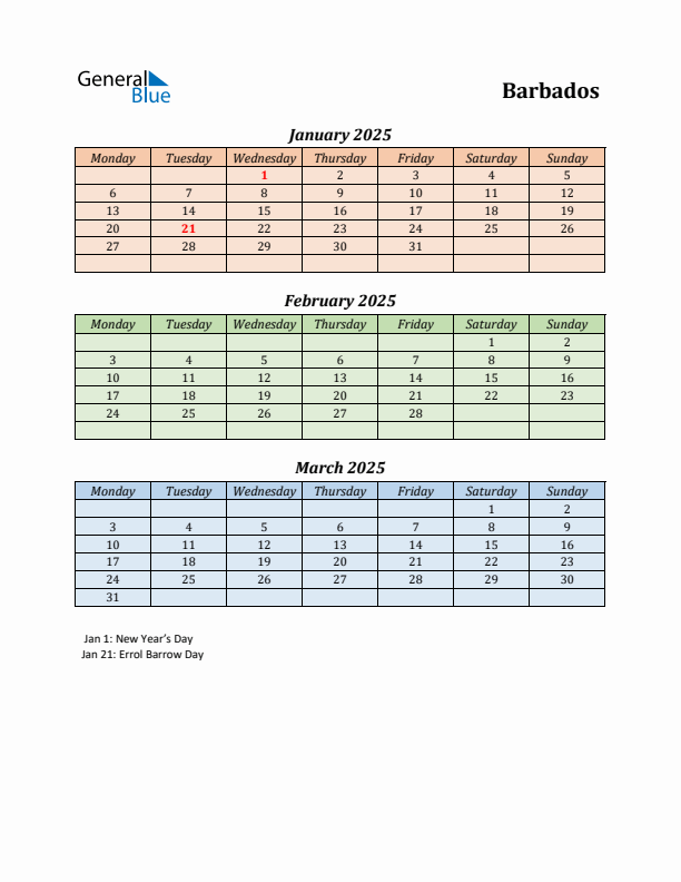 Q1 2025 Holiday Calendar - Barbados