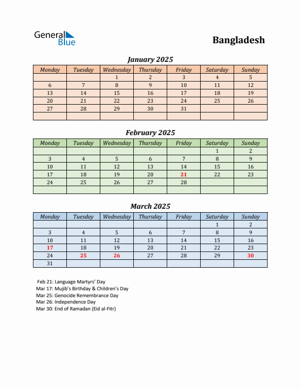 Q1 2025 Holiday Calendar - Bangladesh