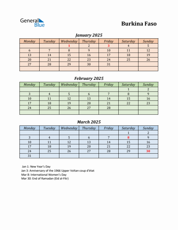 Q1 2025 Holiday Calendar - Burkina Faso