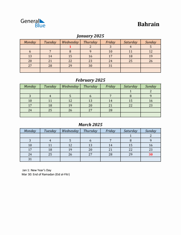 Q1 2025 Holiday Calendar - Bahrain