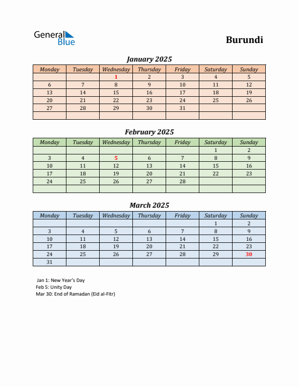 Q1 2025 Holiday Calendar - Burundi