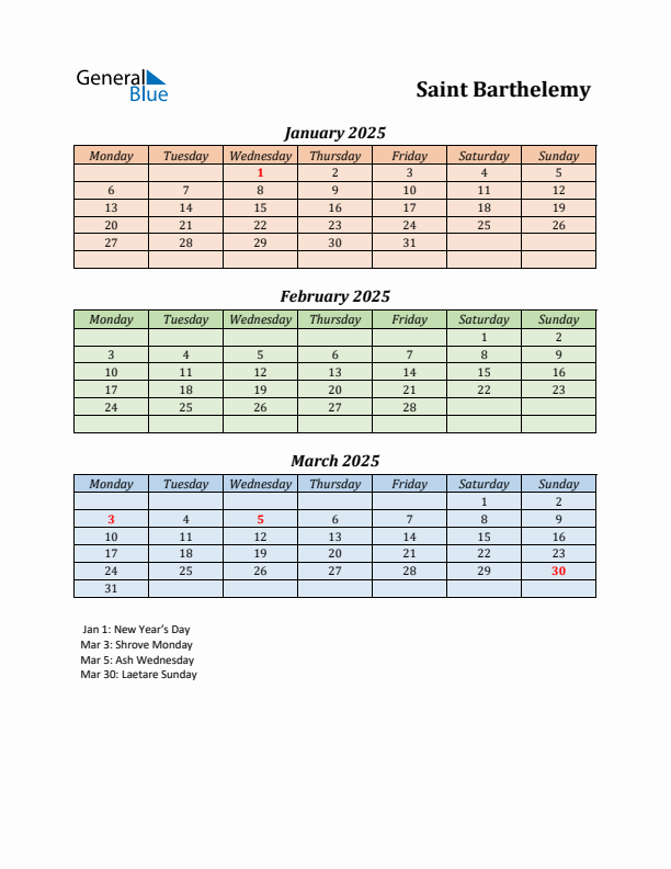 Q1 2025 Holiday Calendar - Saint Barthelemy