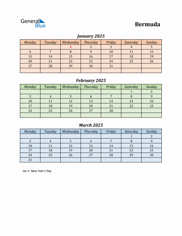 Q1 2025 Holiday Calendar - Bermuda