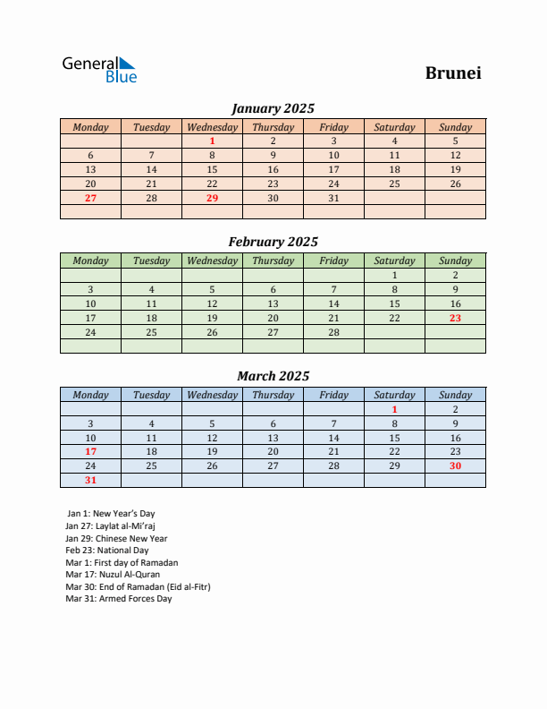 Q1 2025 Holiday Calendar - Brunei