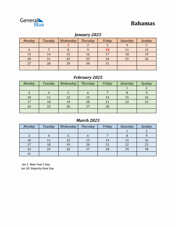 Q1 2025 Holiday Calendar - Bahamas