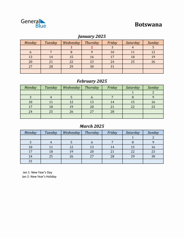 Q1 2025 Holiday Calendar - Botswana