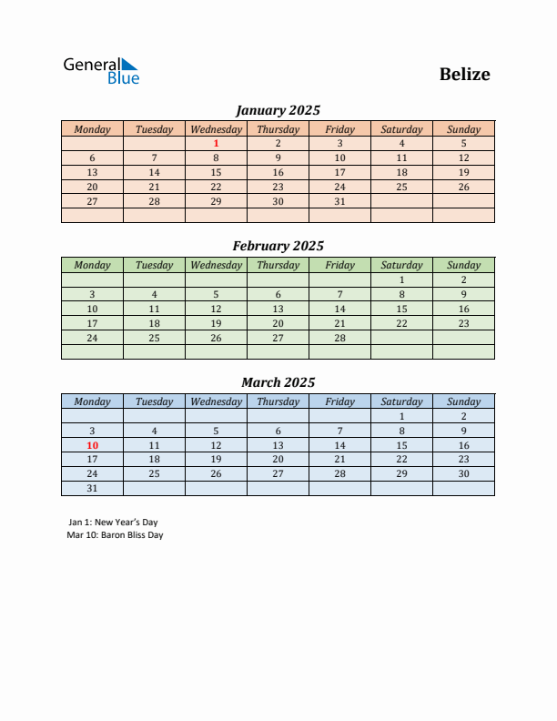 Q1 2025 Holiday Calendar - Belize