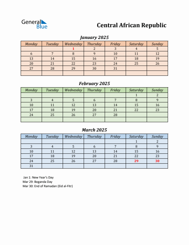 Q1 2025 Holiday Calendar - Central African Republic