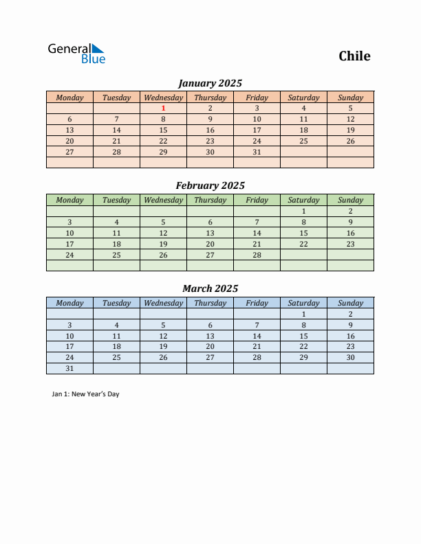 Q1 2025 Holiday Calendar - Chile