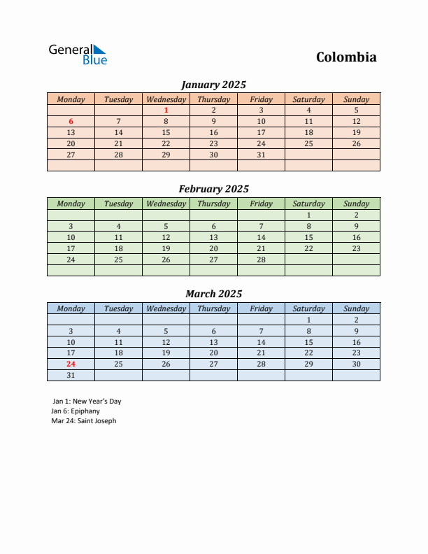 Q1 2025 Holiday Calendar - Colombia