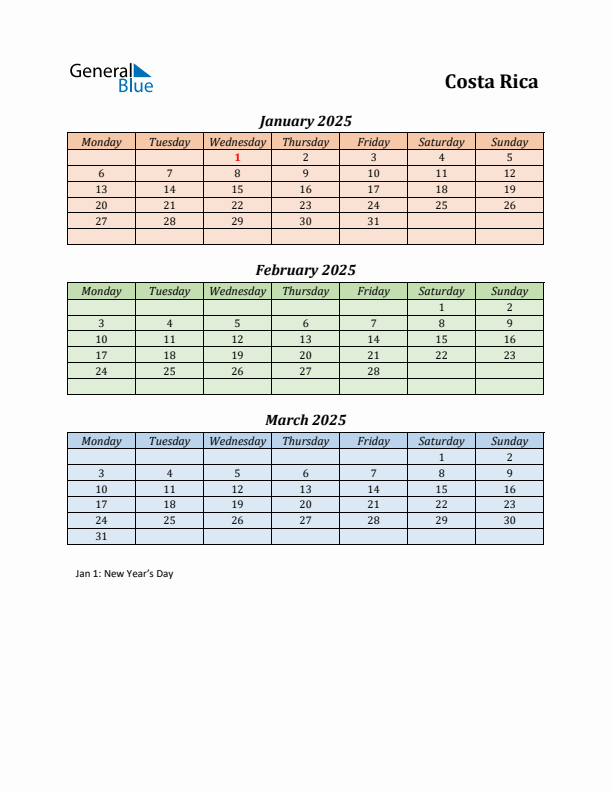 Q1 2025 Holiday Calendar - Costa Rica