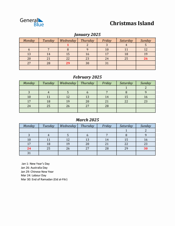 Q1 2025 Holiday Calendar - Christmas Island