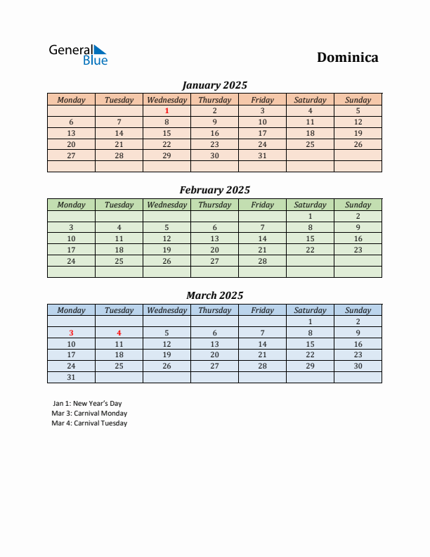 Q1 2025 Holiday Calendar - Dominica