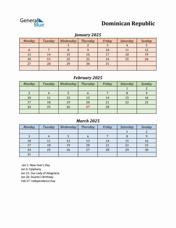 Q1 2025 Holiday Calendar - Dominican Republic