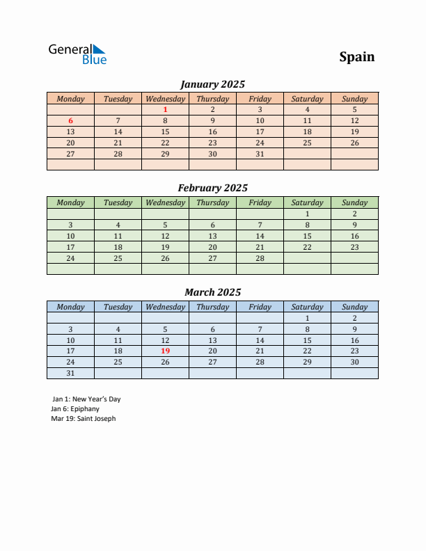 Q1 2025 Holiday Calendar - Spain