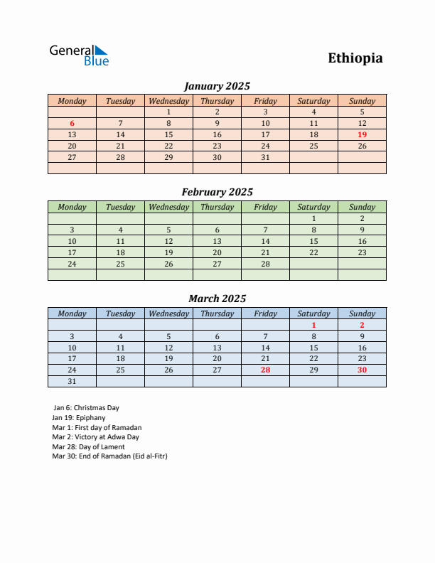 Q1 2025 Holiday Calendar - Ethiopia